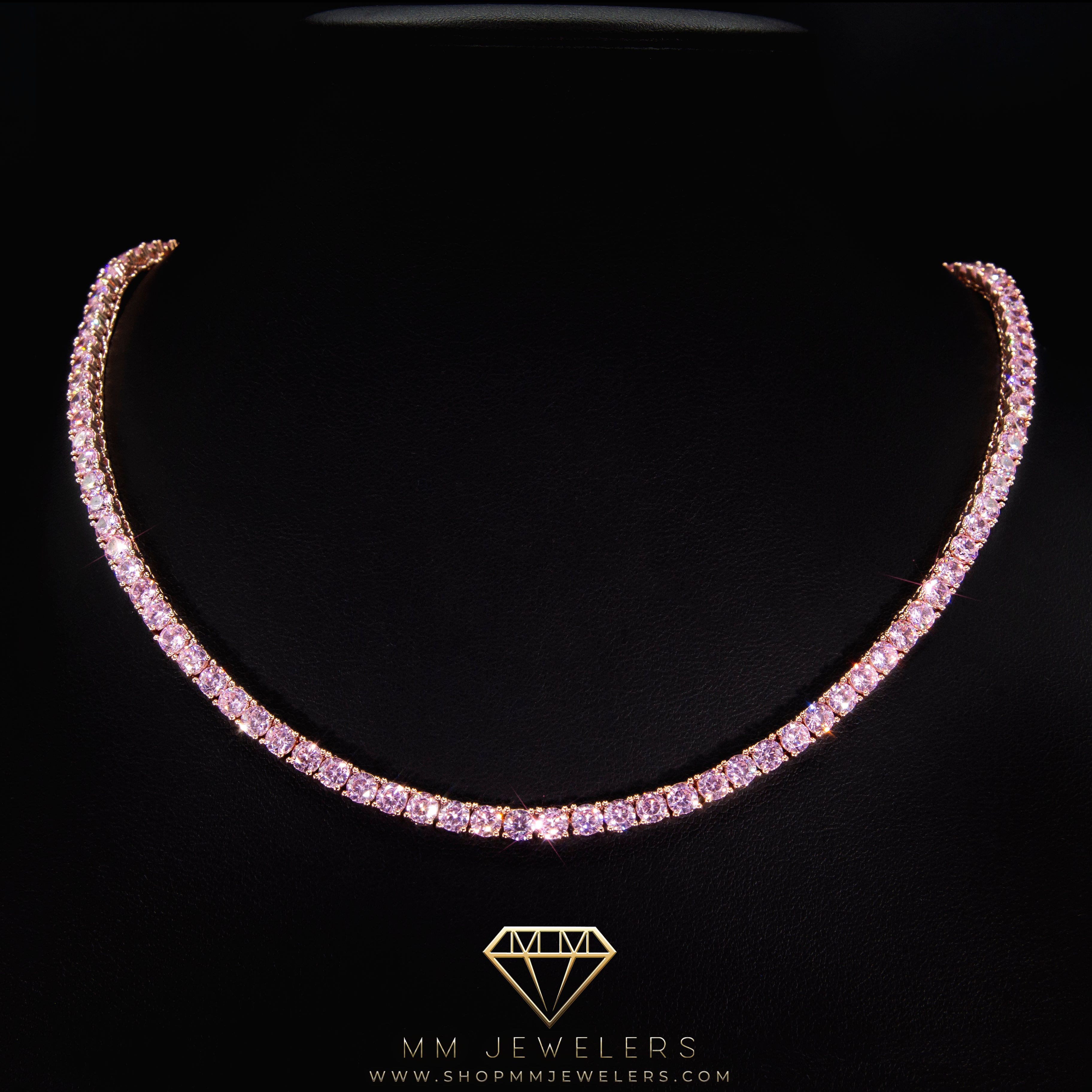 4mm Tennis Chain Real 925 Sterling Silver 14k Rose Gold Pink Diamond  Necklace