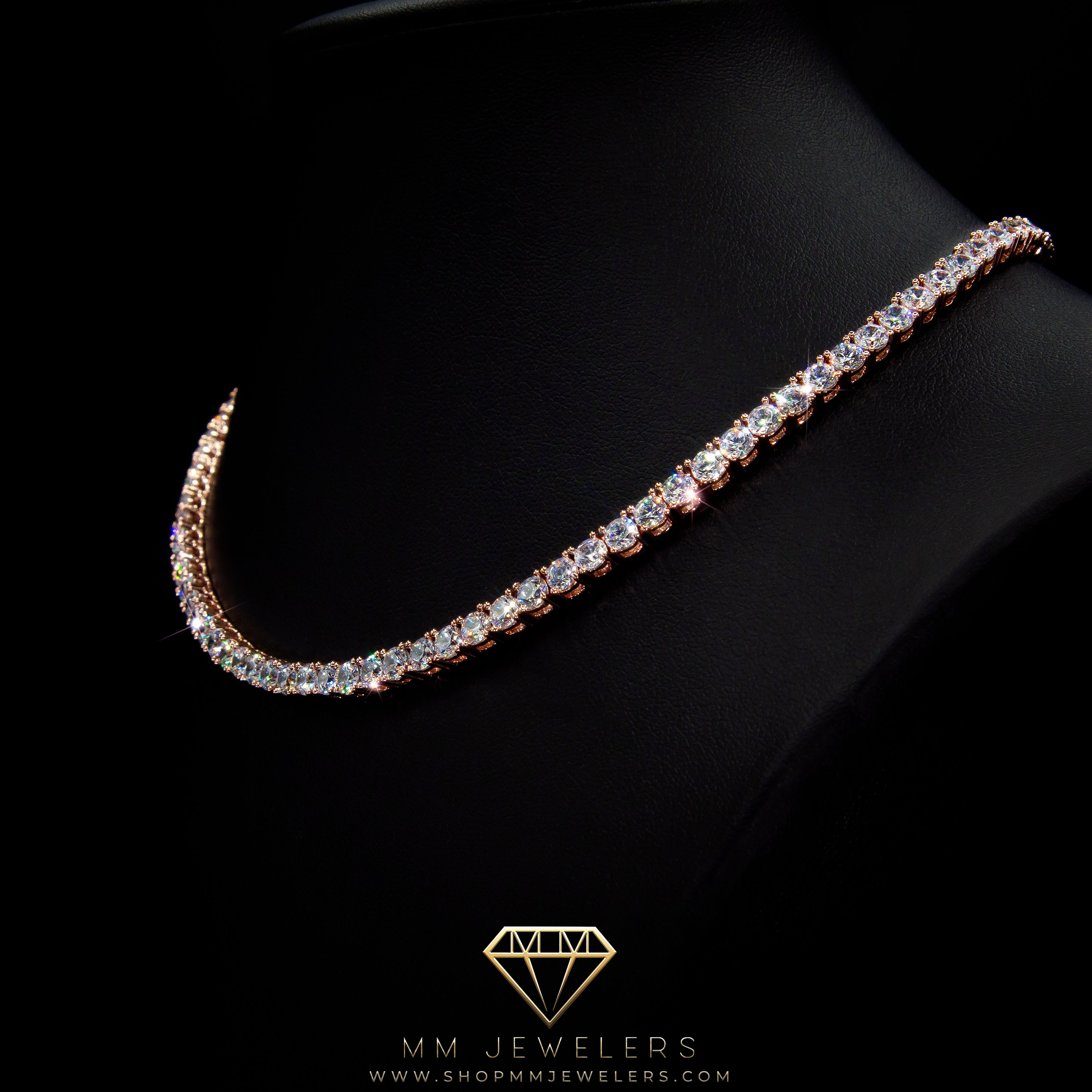 4mm Tennis Chain Real 925 Sterling Silver 14k Rose Gold Pink Diamond  Necklace